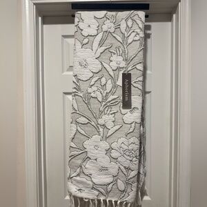 APHORISM Embossed Floral Patterned Throw With Fringes- Pale Green/White